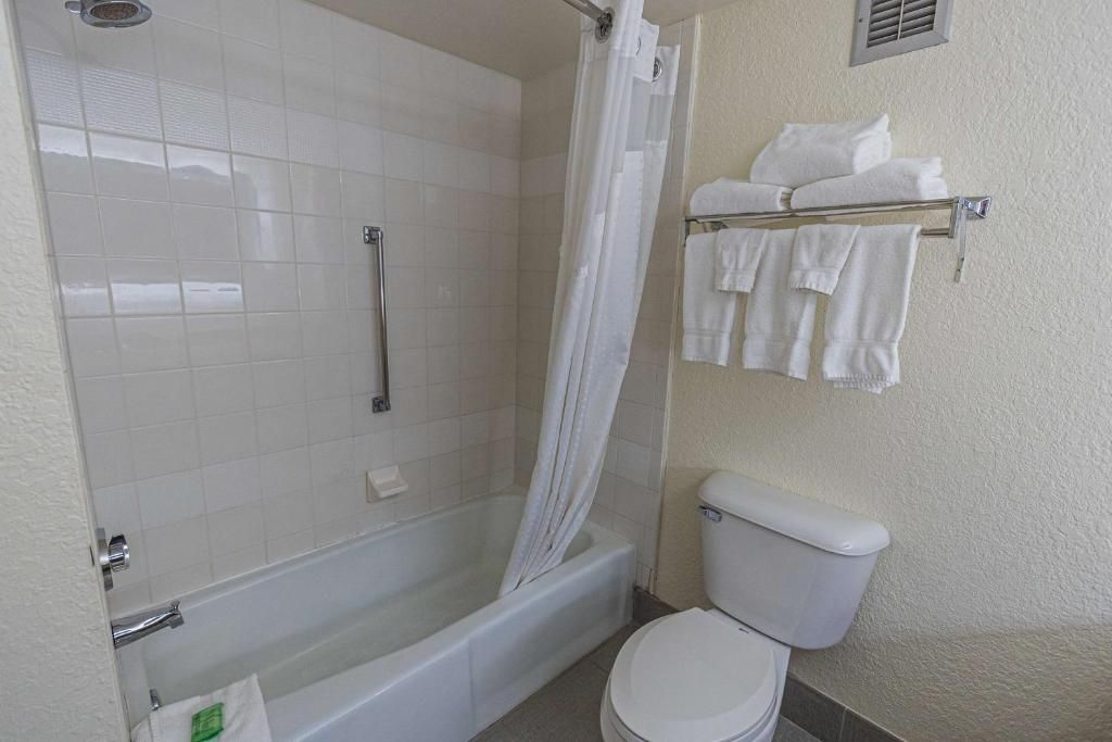 Een badkamer met een bad, toilet en handdoekrek.