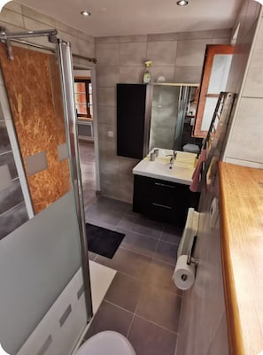 Ein modernes Badezimmer mit Duschkabine aus Glas, Waschtisch mit Spiegel und Toilette.