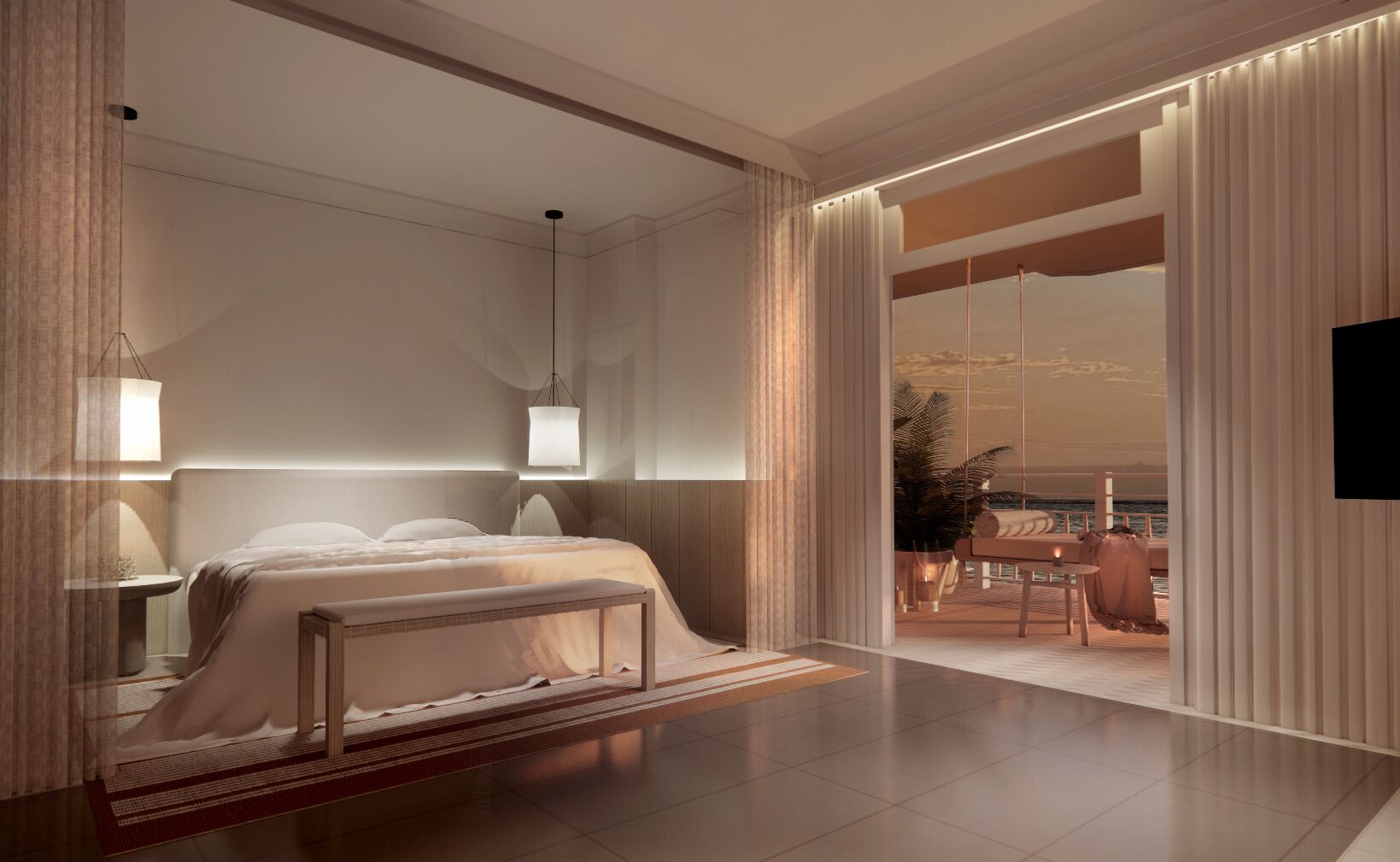 A modern bedroom with a bed, bedside tables, and a view of a balcony.