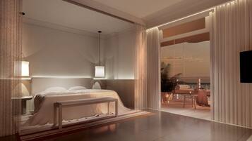 A modern bedroom with a bed, bedside tables, and a view of a balcony.