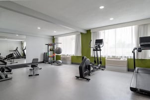 Un gimnasio con equipos de ejercicio variados, incluyendo cintas de correr, bicicletas estáticas y máquinas de pesas.