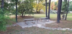 Un espace pique-nique équipé d’une table et de bancs, entouré d’arbres et d’une pelouse.