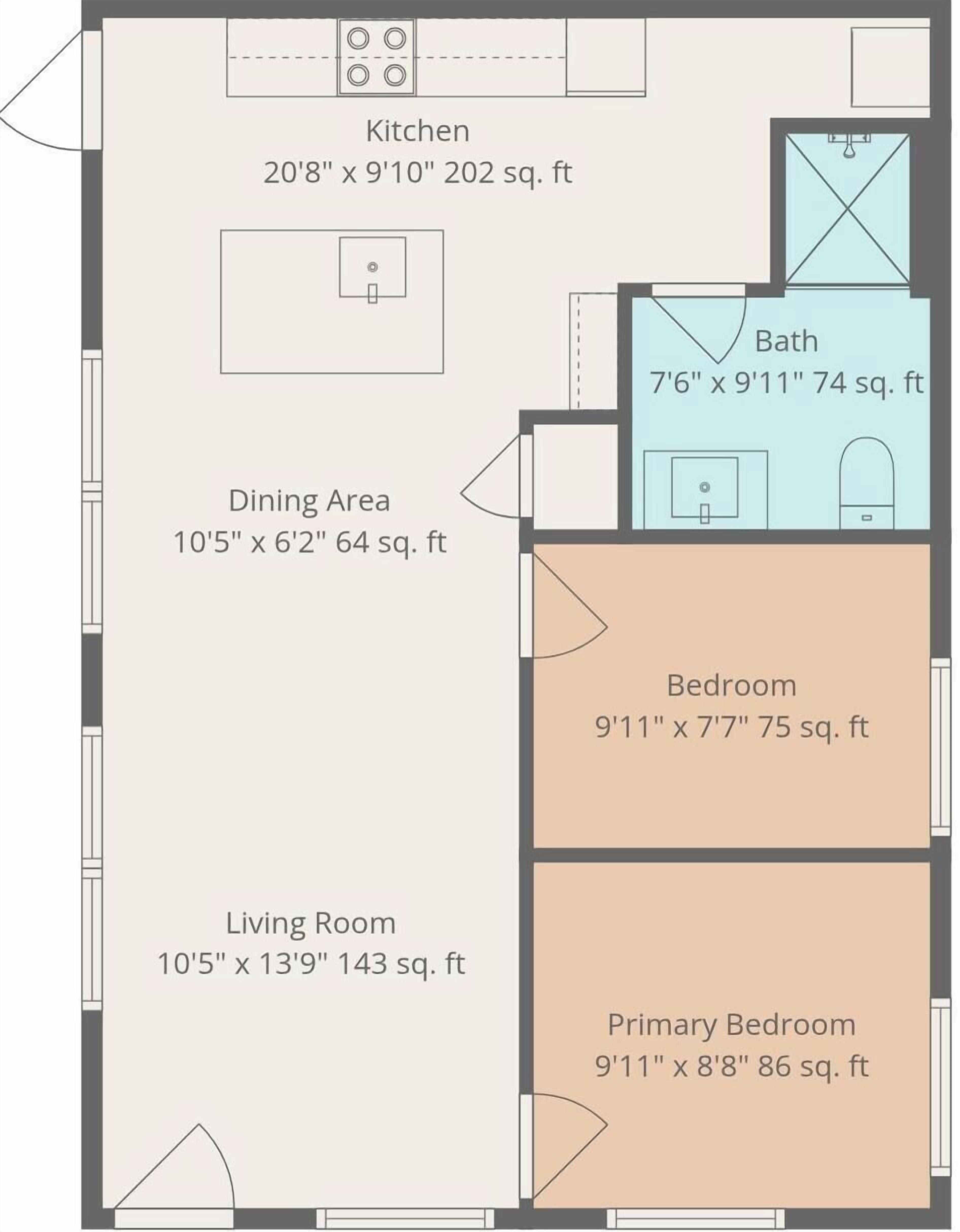 A floor plan with a kitchen measuring 20'8' x 9'10', a dining area of 10'5' x 6'2', a living room of 10'5' x 13'9', a bedroom of 9'11' x 7'7', and a primary bedroom of 9'11' x 8'8'.