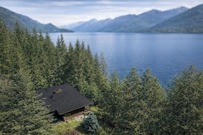 A cabin with a dark roof, surrounded by dense forest and a lake with mountains in the background.