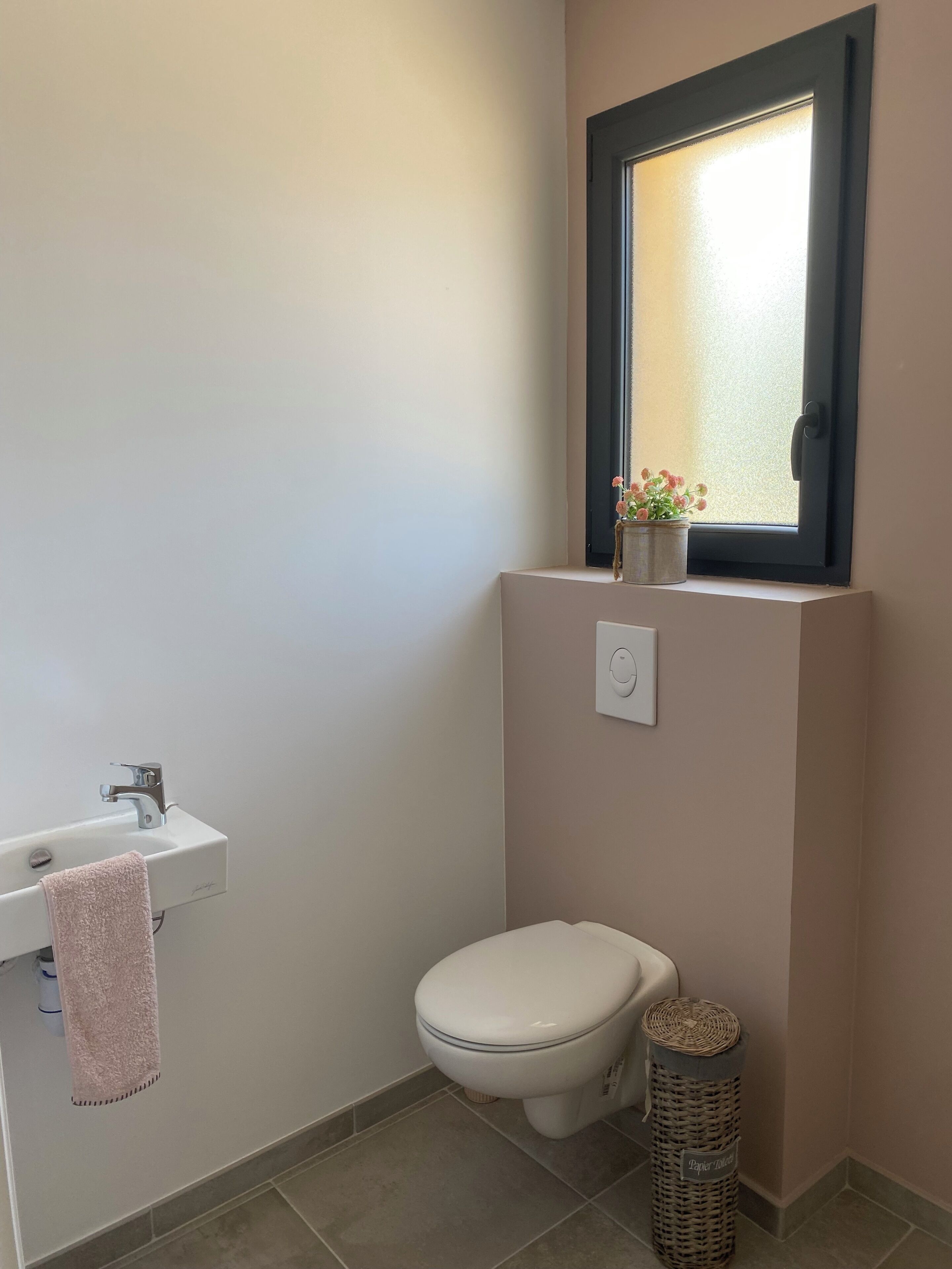 Un bagno con un lavandino bianco, un water, una finestra con una pianta e un interruttore della luce fissato al muro.