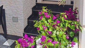 A white door with a small sign above it, a set of black steps leading up to the door, and a potted plant with purple flowers in the foreground. - The Colors of the Sea - Turquoise Studio Apartment (San Pietro In Bevagna)