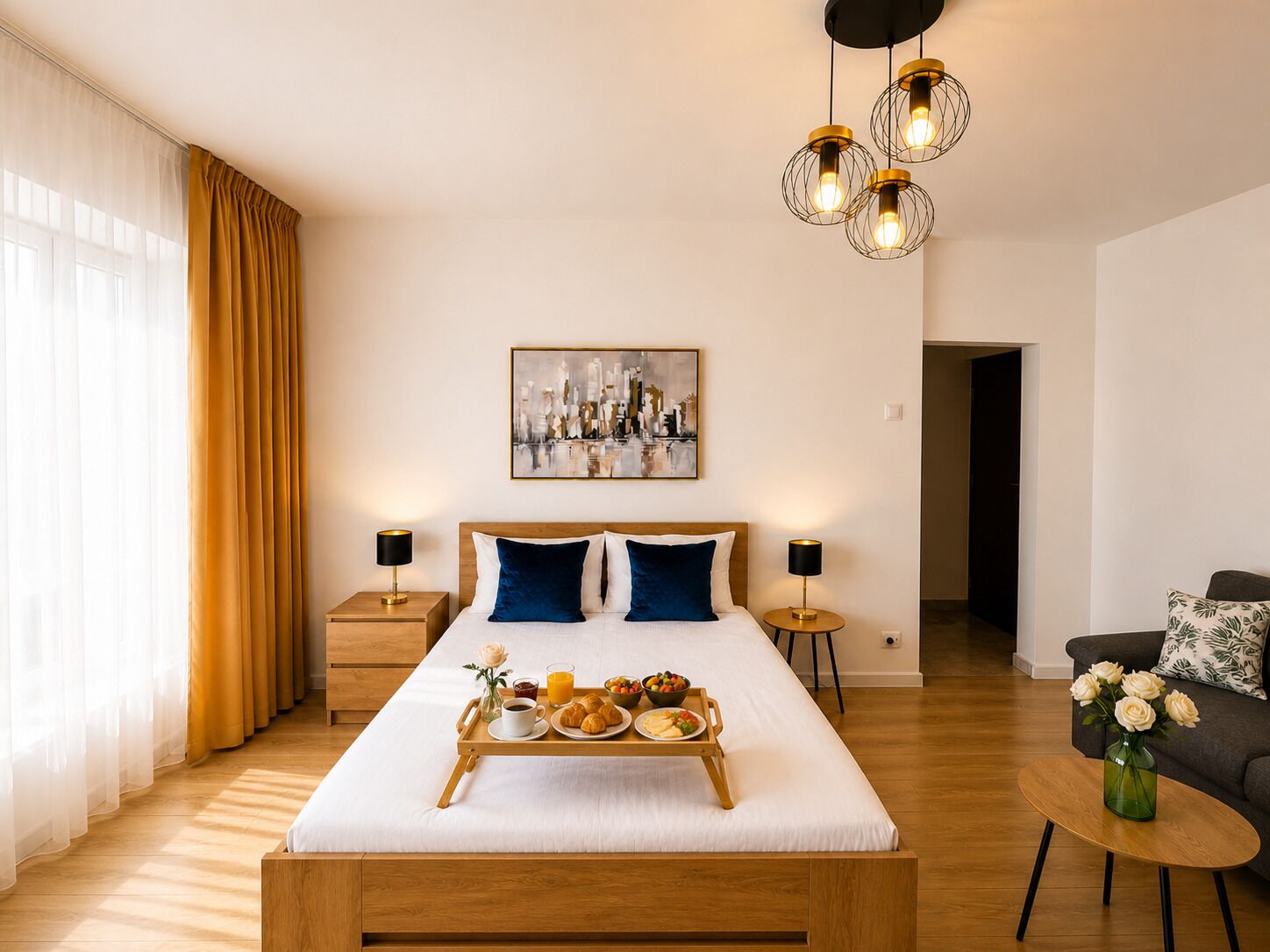 A hotel room with a bed, bedside tables, a breakfast tray, a painting, and a sofa.