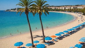 Une plage bordée de palmiers, avec une eau d’un bleu limpide et des transats munis de parasols.