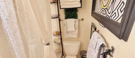Hair dryer, towels, soap