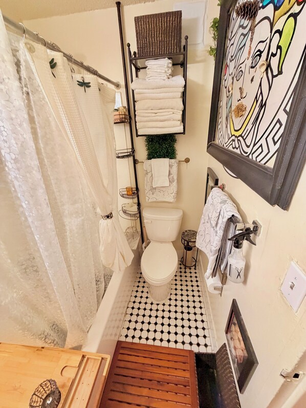 Hair dryer, towels, soap