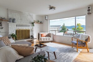 TV connectée, cheminée, livres, chaîne hi-fi