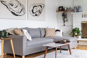 Smart TV, fireplace, books, stereo