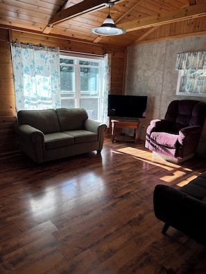 A wooden-paneled room with a sofa, a chair, a television on a wooden stand, and a stone wall.