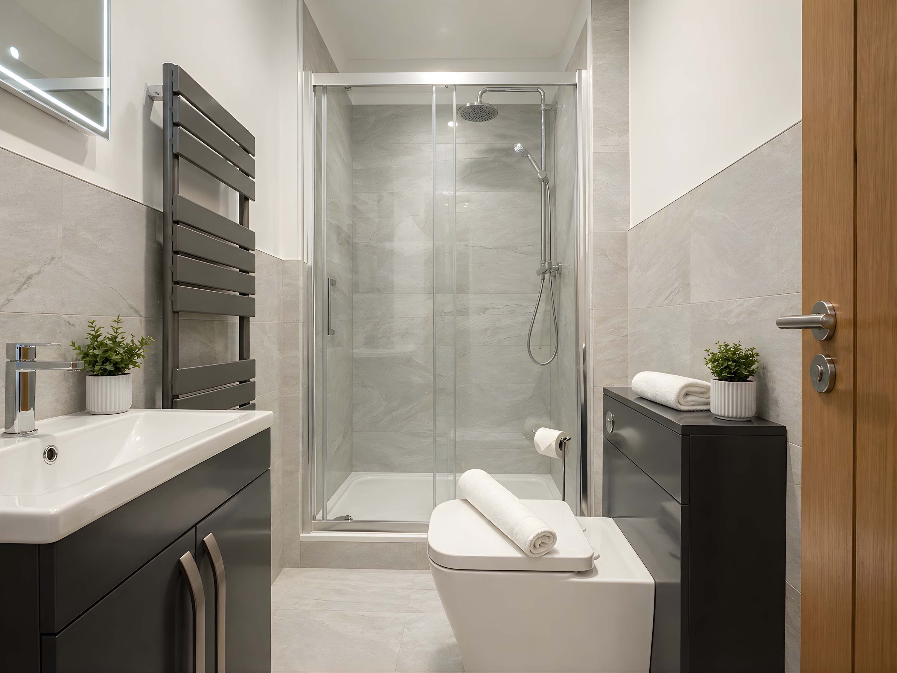 Shower, hair dryer, towels, shampoo