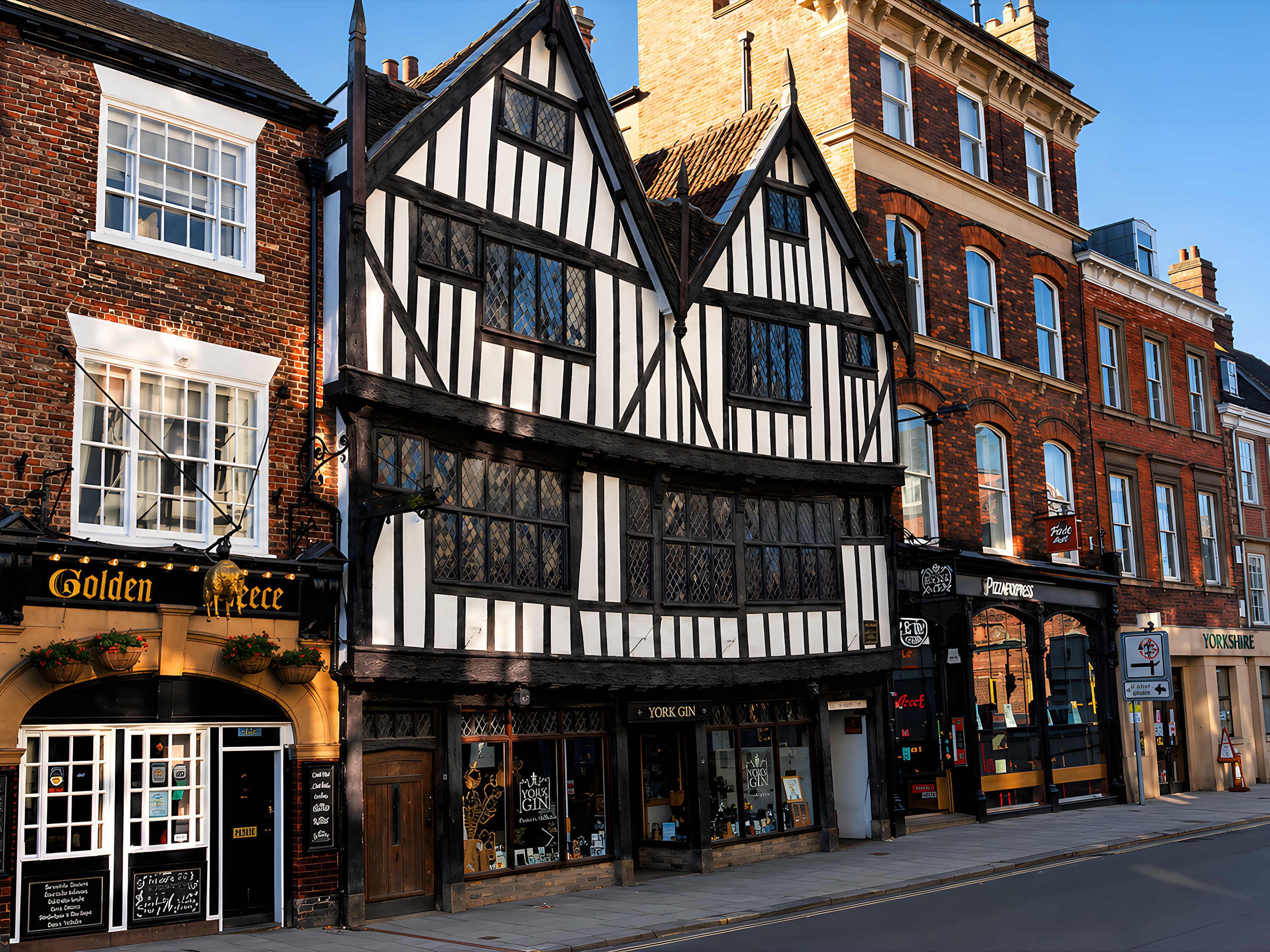 Un edificio tradicional de entramado de madera con un pub llamado 'Golden Piece' y una tienda de ginebra 'York Gin' en la planta baja.