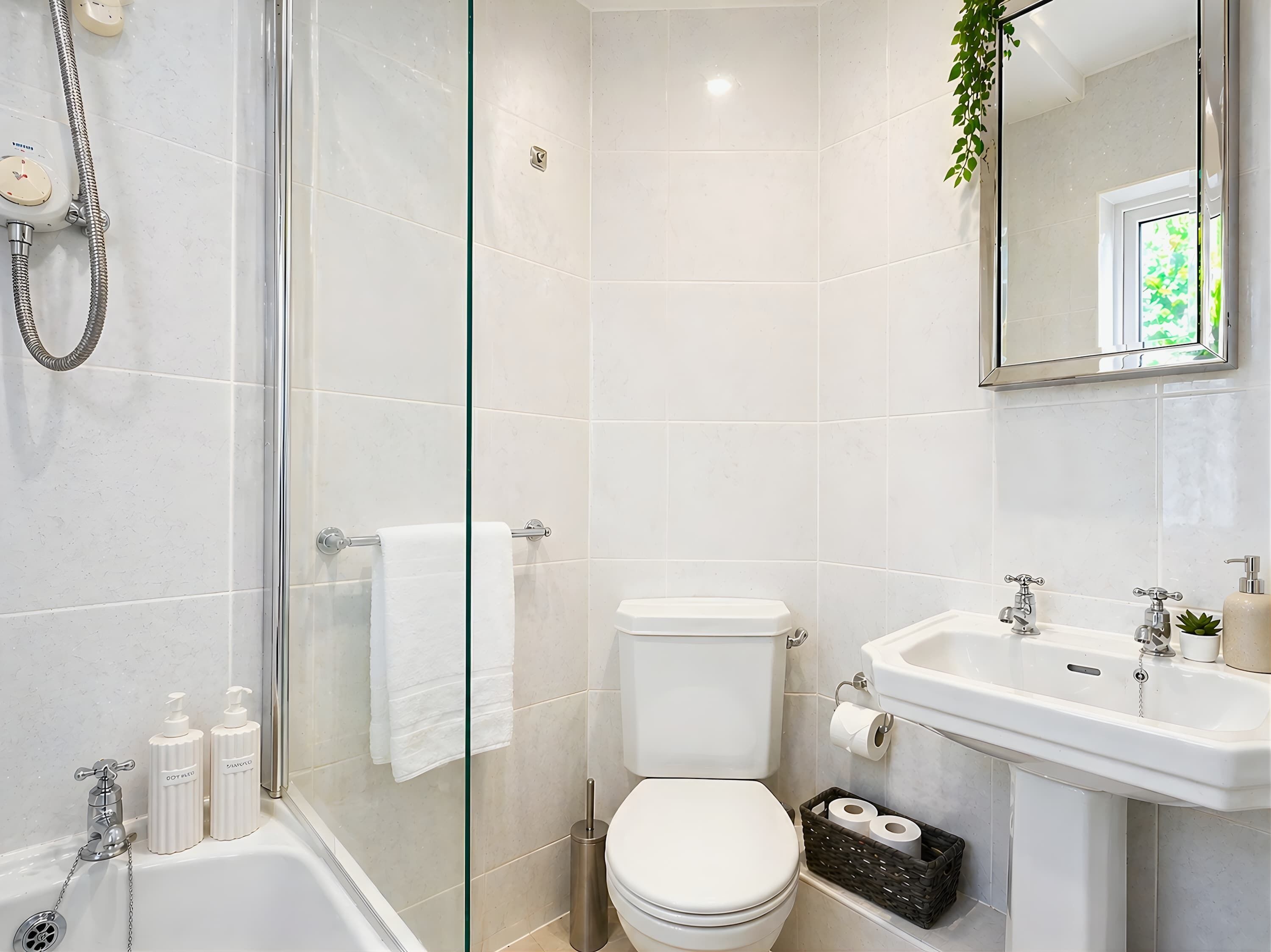 Shower, hair dryer, towels, shampoo