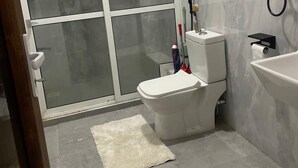 Un bagno con il water, un lavandino e una doccia.