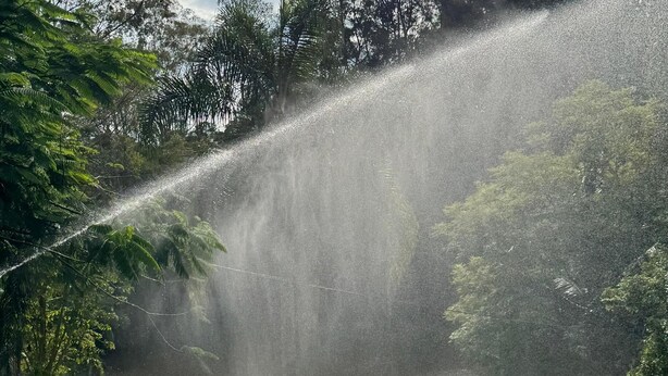 Un'area verde con un impianto di irrigazione.