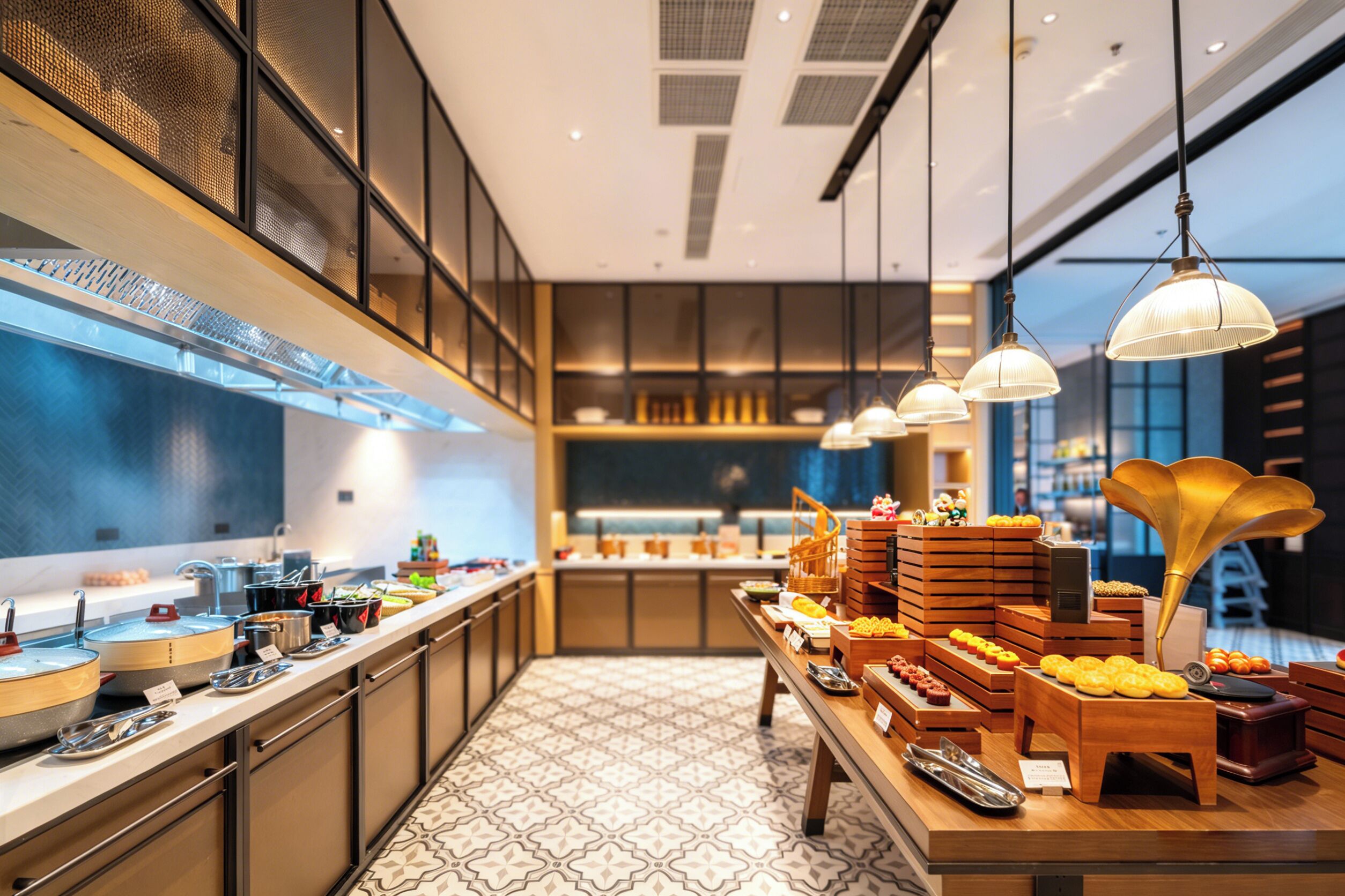 Una cocina moderna con una mesa de buffet, que incluye diversos alimentos y utensilios.