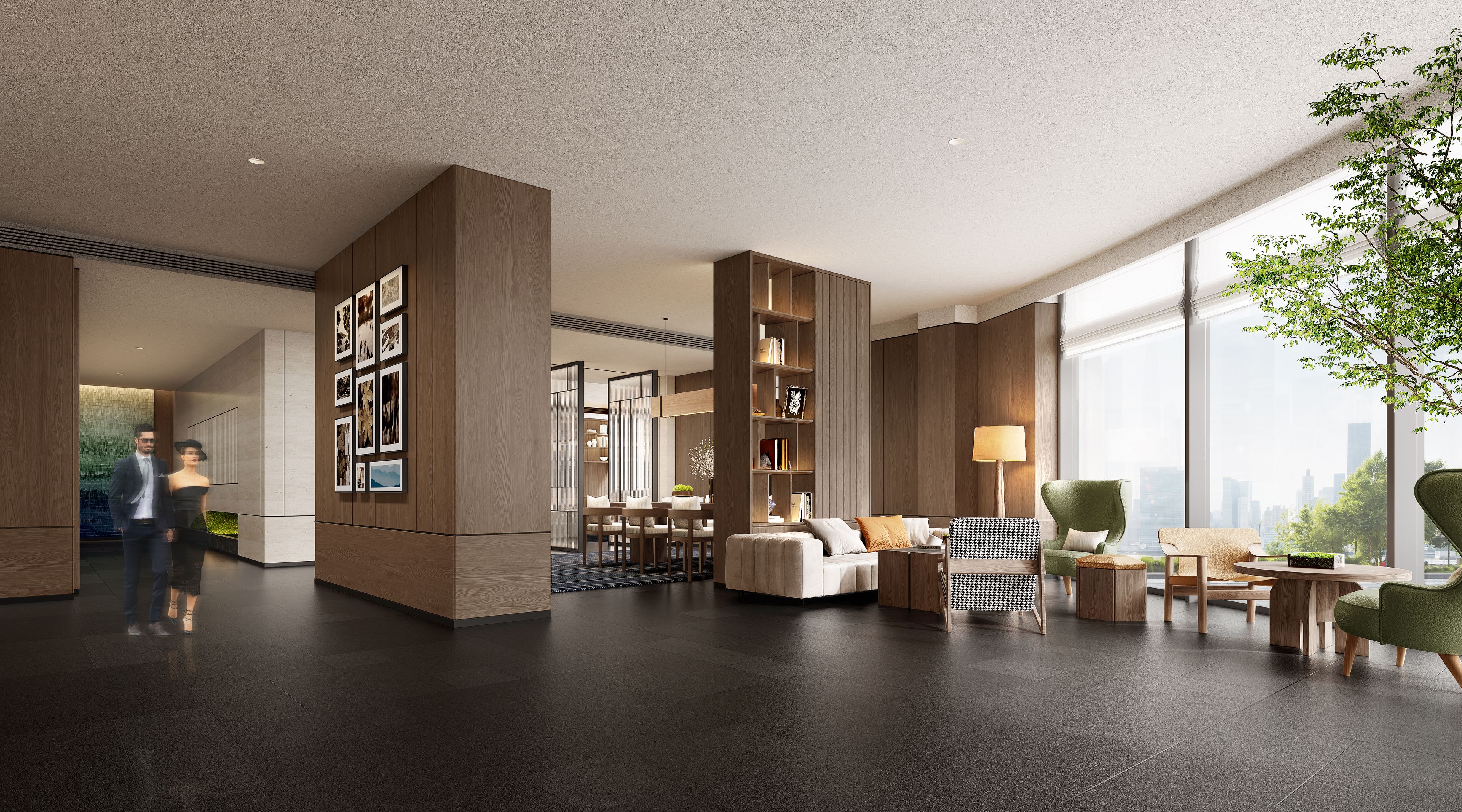 A spacious lobby with a modern design, featuring a seating area with a sofa and chairs, a bookshelf, and a large window offering a city view.