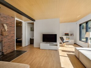 Ein modernes Wohnzimmer mit einem Flachbildfernseher, einem Sofa, einem Sessel und einem Bücherregal.