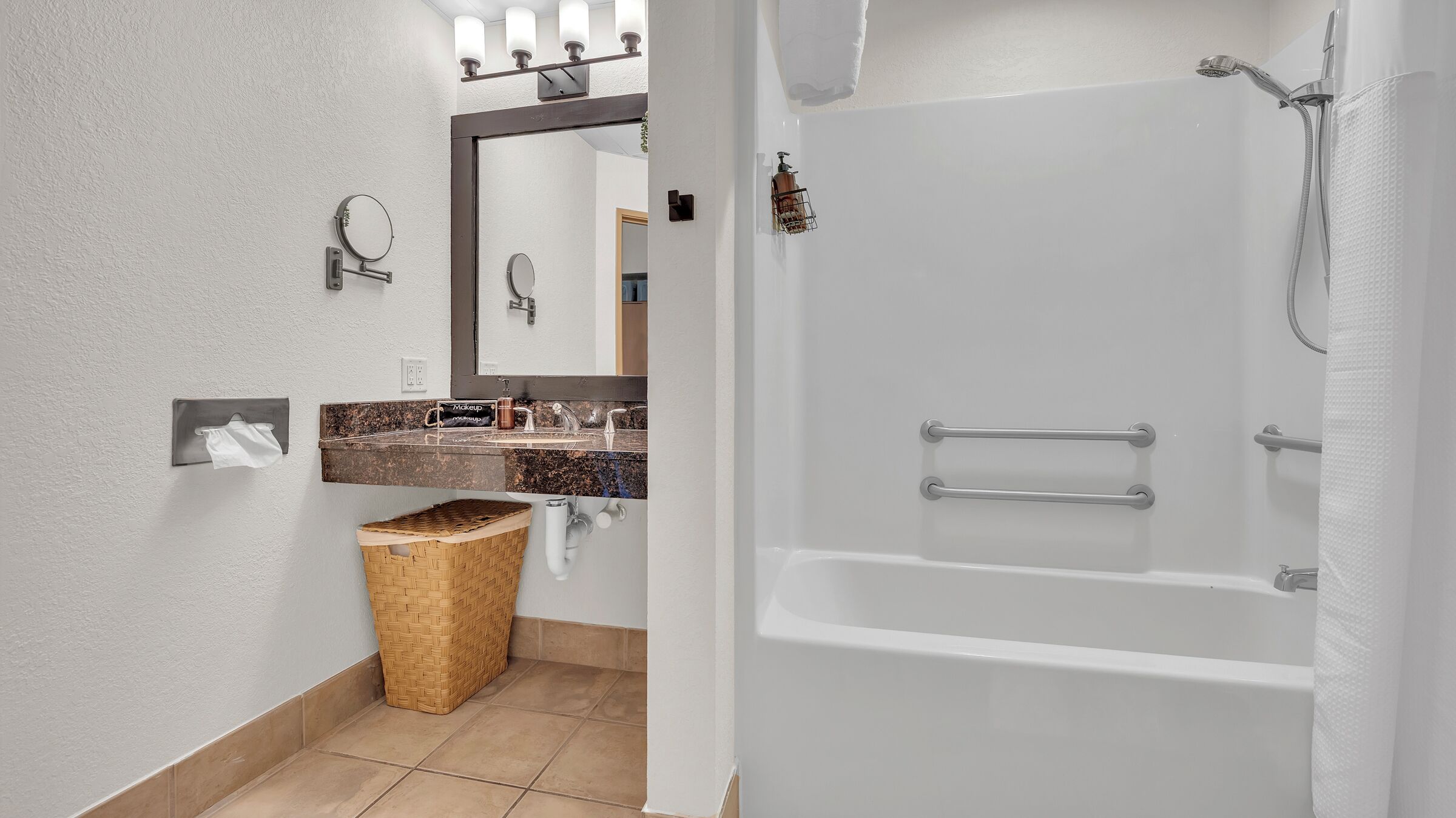 Hair dryer, towels, soap, toilet paper