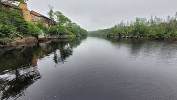 Ein ruhiger Fluss mit Bäumen an beiden Ufern, ein Gebäude mit Balkonen und einem klaren Himmel.