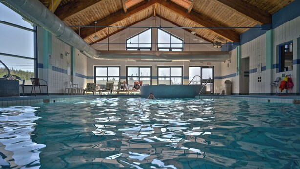 An indoor swimming pool with a high ceiling, large windows, and a view of the outdoors.