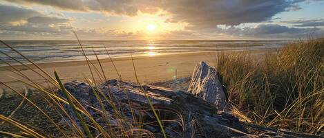 A beach with a sunset, waves, and grass in the foreground.