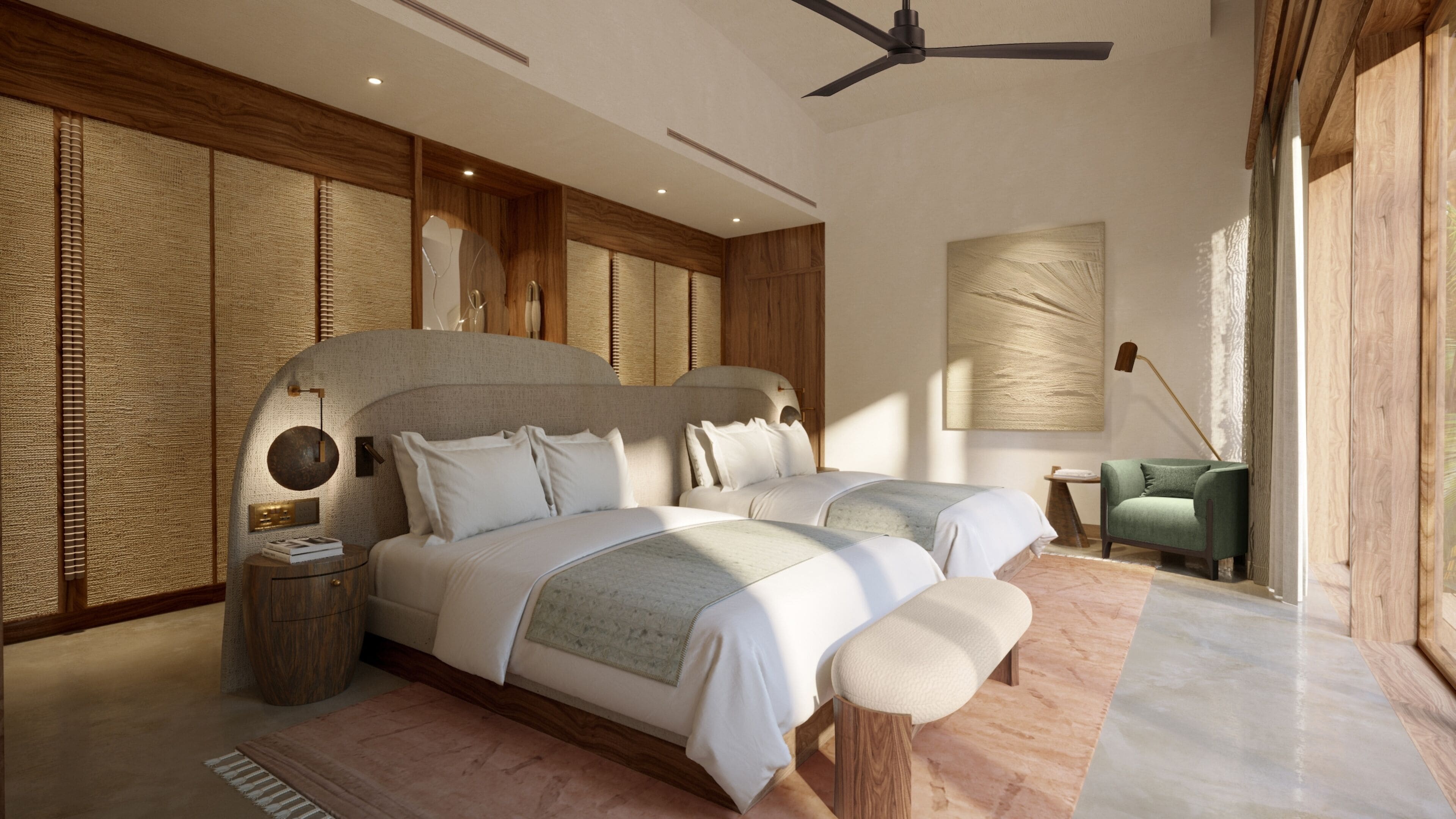 A modern bedroom with a large bed, a ceiling fan, and a view of the outdoors.