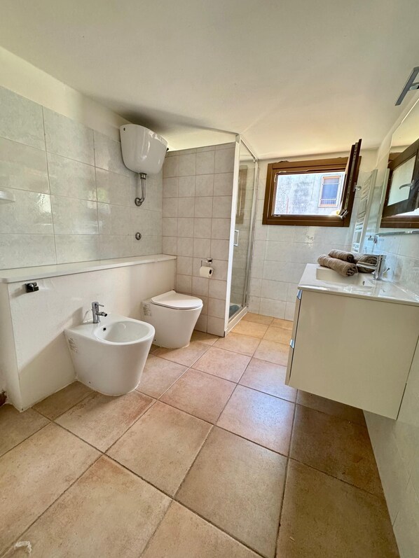 Shower, hair dryer, bidet, towels