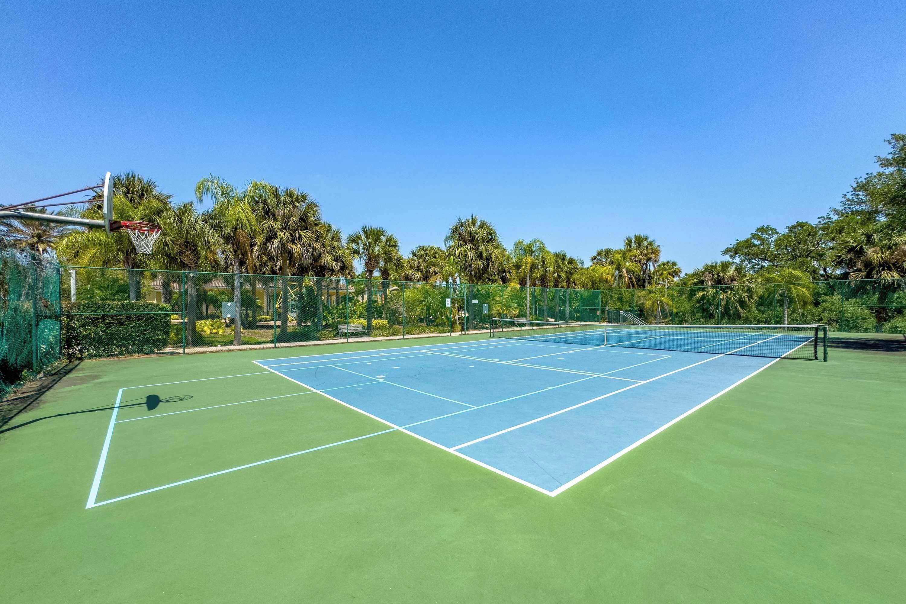 A tennis court with a net, surrounded by a fence and palm trees.