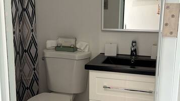 Shower, towels, soap, toilet paper