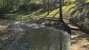 Un río de aguas transparentes, rodeado de árboles y un paseo de madera.