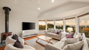 TV, fireplace, ping pong, books