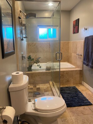 Jetted tub, hair dryer, bidet, towels
