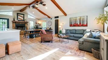Fireplace, DVD player, books, computer monitors