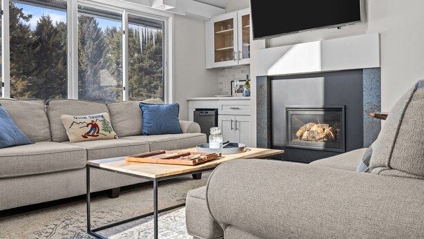 A modern living room with a sofa, a coffee table, a fireplace, and a television.