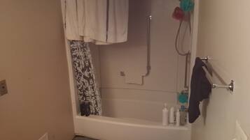 Hair dryer, towels, soap, toilet paper