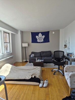 A room with a bed, a desk, a chair, a couch, a maple leaf flag, and a window. - Charming apartment in beautiful New York with cool AC breeze (New York)