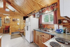 Fridge, microwave, oven, stovetop - Lakefront cottage with full kitchen, firepit, gas grill, Wifi, a/c (Greenville)