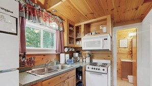 A compact kitchen with wooden cabinets, a microwave, a stove, and a sink. - Lakefront cottage with full kitchen, firepit, gas grill, Wifi, a/c (Greenville)