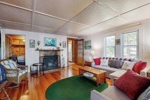 TV, fireplace, books
