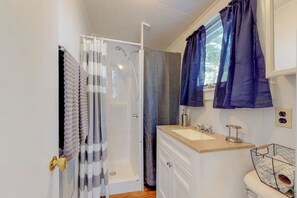 Shower, towels - Waterfront shingled cottage with shared boat dock - near Acadia (Orland)