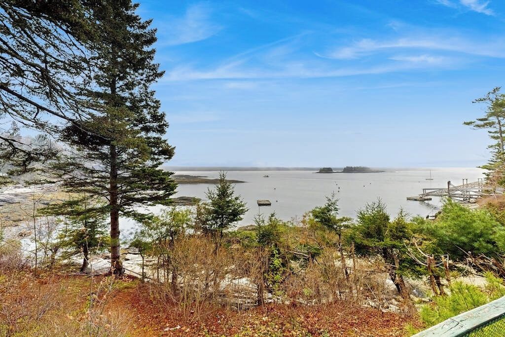 Paisaje costero con vista despejada al agua, un muelle y una zona boscosa.
