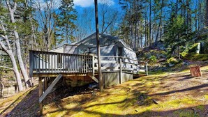 A cabin with a wooden deck and stairs leading up to it, surrounded by trees and a forested area. - Geodesic Dome w/ Riverfront Deck, Lovely Views, & High-Speed WiFi - Dogs Welcome (Boothbay)