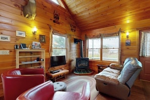 Fernseher, Kamin, DVD-Player, Videothek