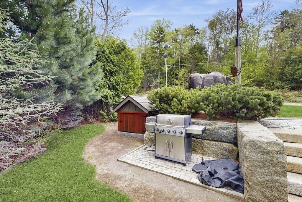 Ein Garten mit Grill, Geräteschuppen und einem großen Felsen.
