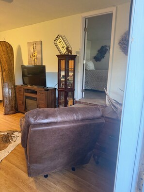 A living room with a leather sofa, a television, a wooden cabinet, and a glass door leading to another room. - Blue Sky Bungalow - 1-bedroom bungalow in Homosassa located just off 19! (Homosassa)