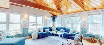 Dazzling ocean-view house with fireplace, deck, firepit, central AC, & W/D